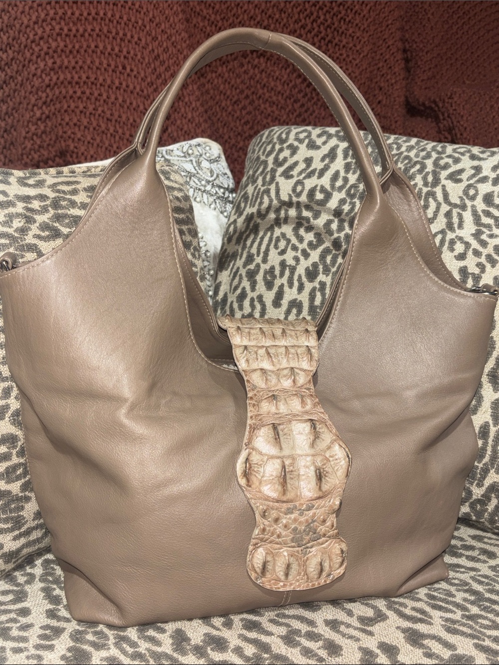 Genuine croc slouchy leather hobo shoulder bag tan luxury handbag monochrome